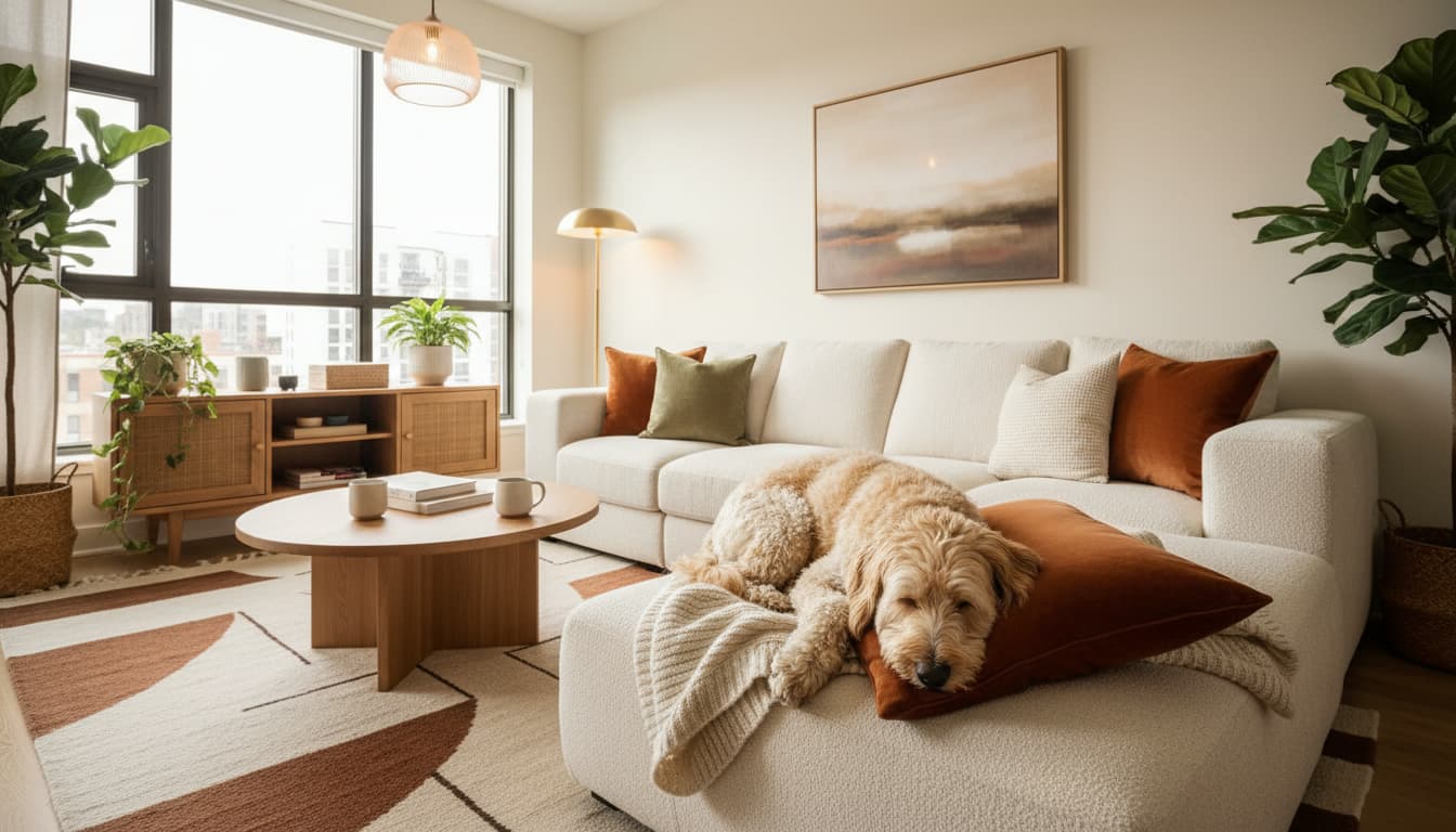 Chien installé dans un salon chaleureux